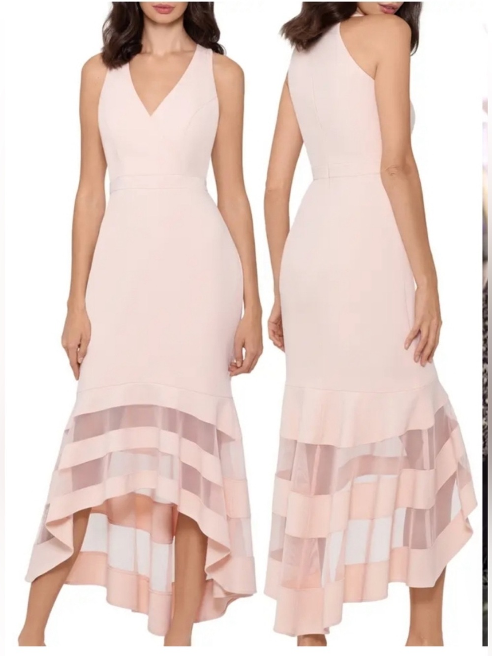 Xscape - cocktail midi  V-Neck Blush Pink High-Low Mesh Panel Dress
